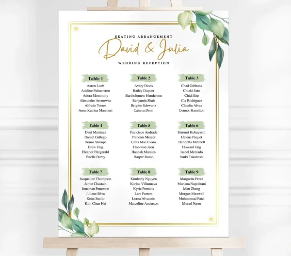 Grey & Green Watercolor Floral Wedding Seating Plan