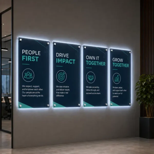 LED Backlit Acrylic Office Values Signs with Standoffs