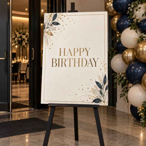 Custom birthday welcome sign displayed on an easel