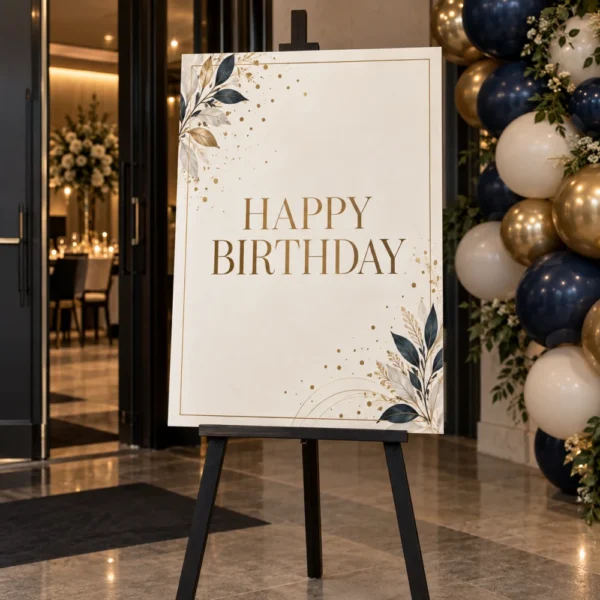 Personalised birthday welcome sign displayed on a black wood easel