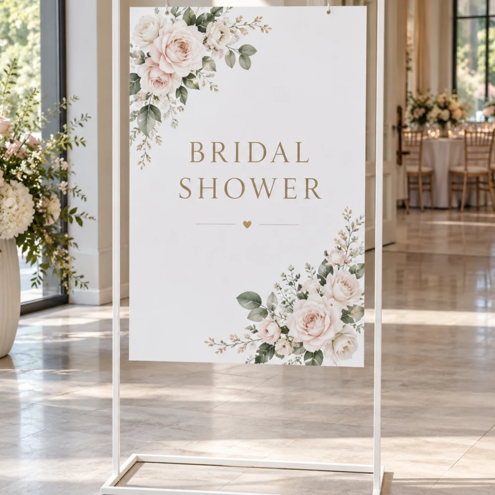 Detailed view of a bridal shower board in a metal display frame