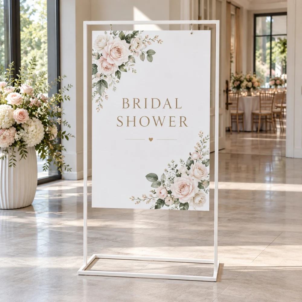 Bridal shower sign displayed in a white rectangular metal floor frame