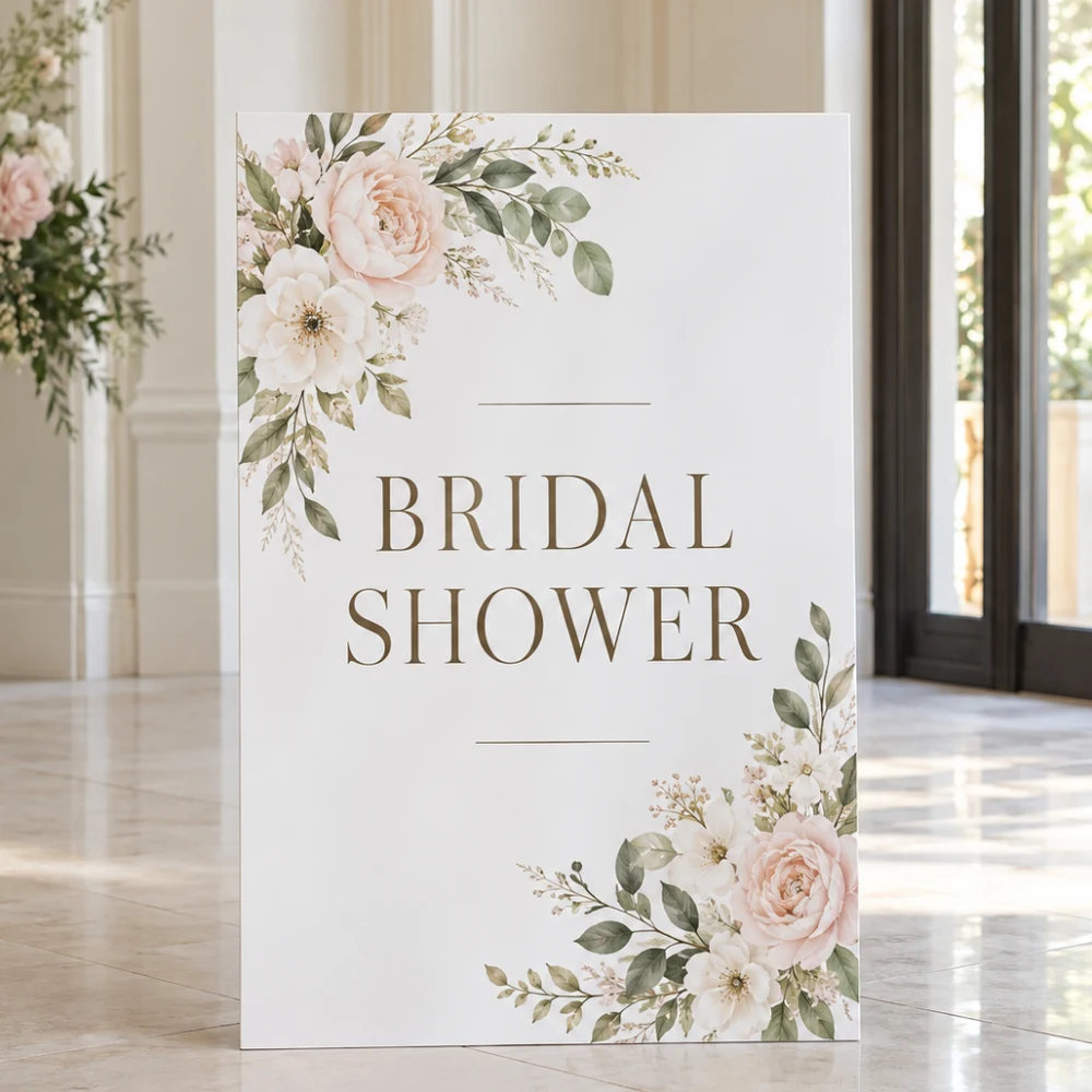 Close view of the floral print on a bridal shower welcome board