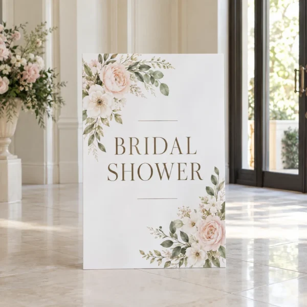 Personalised bridal shower welcome sign resting on the venue floor