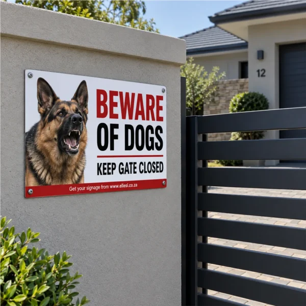 Chromadeck Beware of Dogs Sign installed in a realistic use-case setting