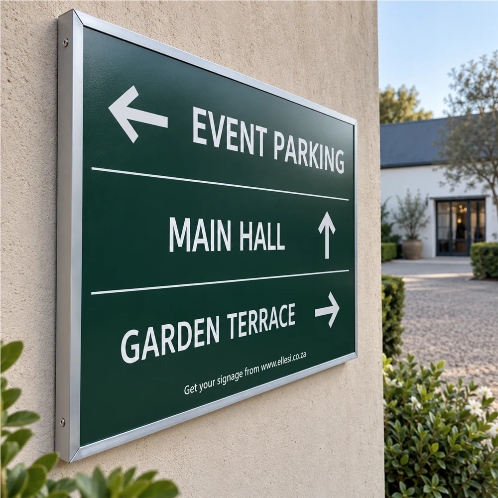 Chromadeck Directional Venue Sign installed with slim aluminium angle edging