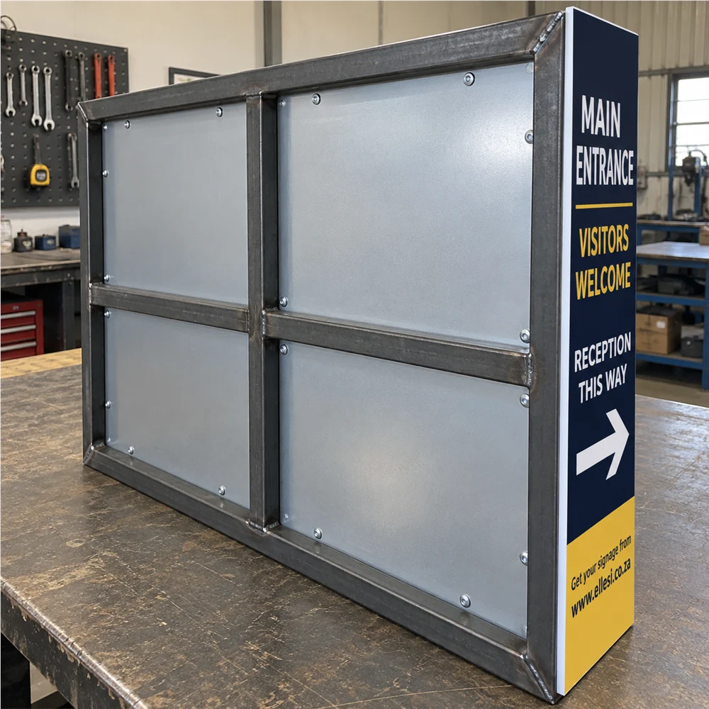 Chromadeck Entrance Sign rear 25 by 25 millimetre welded steel frame detail