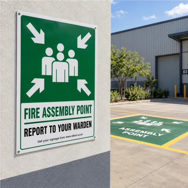 Chromadeck Fire Assembly Point Sign installed in a realistic use-case setting