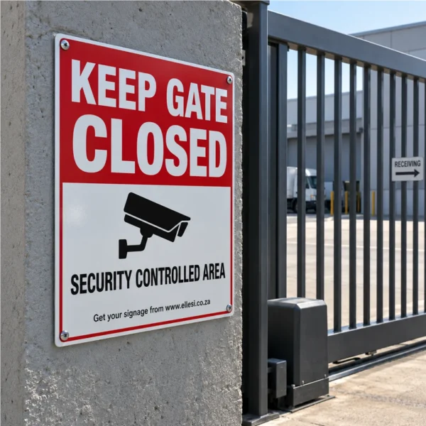 Chromadeck Keep Gate Closed Sign installed in a realistic use-case setting