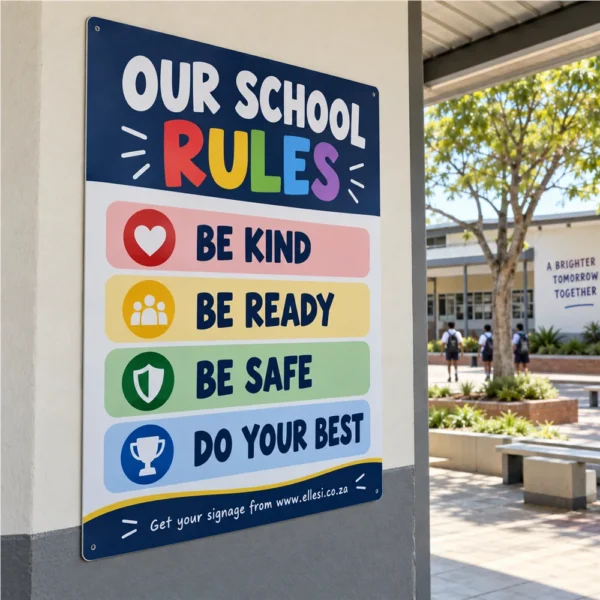 Chromadeck School Rules Sign installed in a realistic use-case setting
