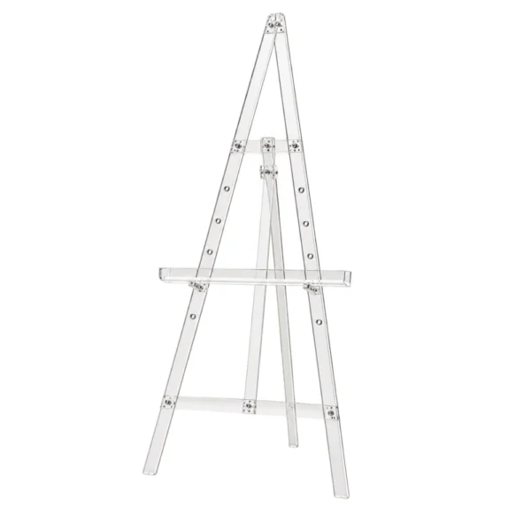Clear acrylic easel stand on a light studio background without a sign board