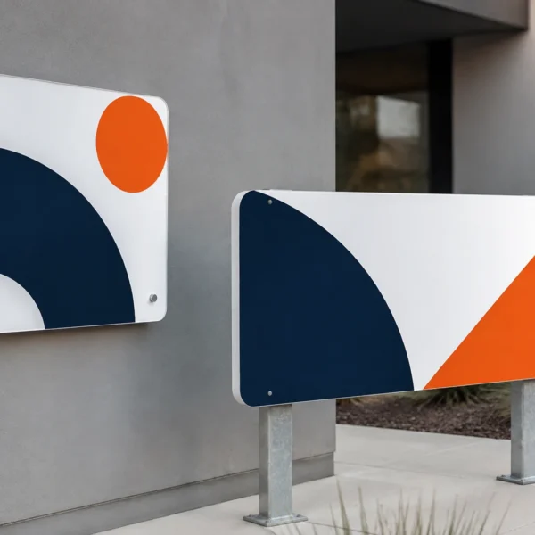 Weatherproof coated metal signs mounted on a wall and metal posts