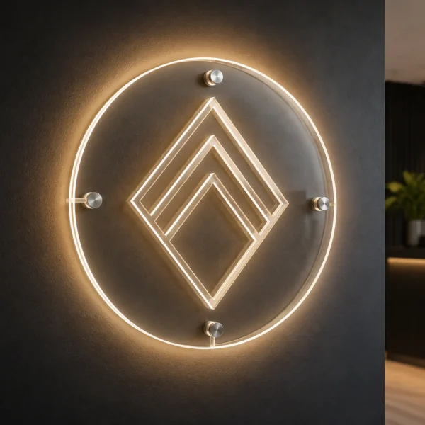 Round clear acrylic sign with warm LED halo lighting and metal standoffs