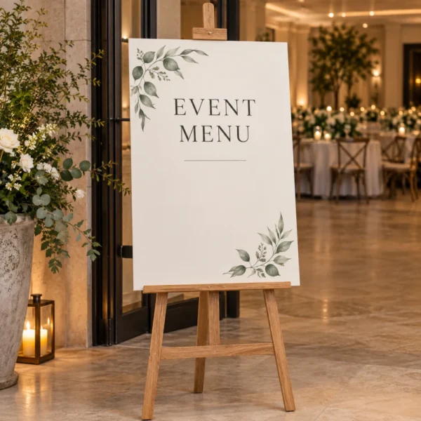 Printed event menu sign displayed on a natural wood easel at a reception venue