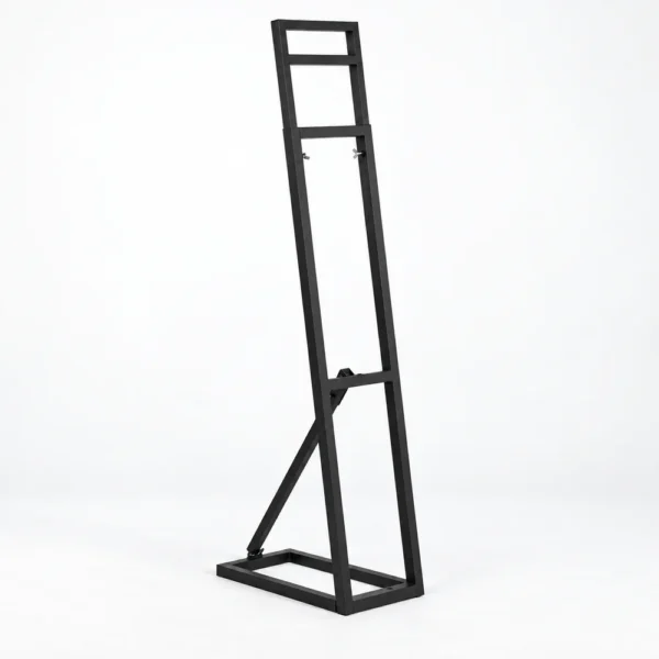 Black foldable metal easel stand on a light studio background without a sign board or optional counterweight