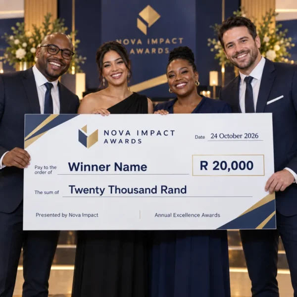 Team holding a custom Giant Novelty Cheque at a corporate prize presentation