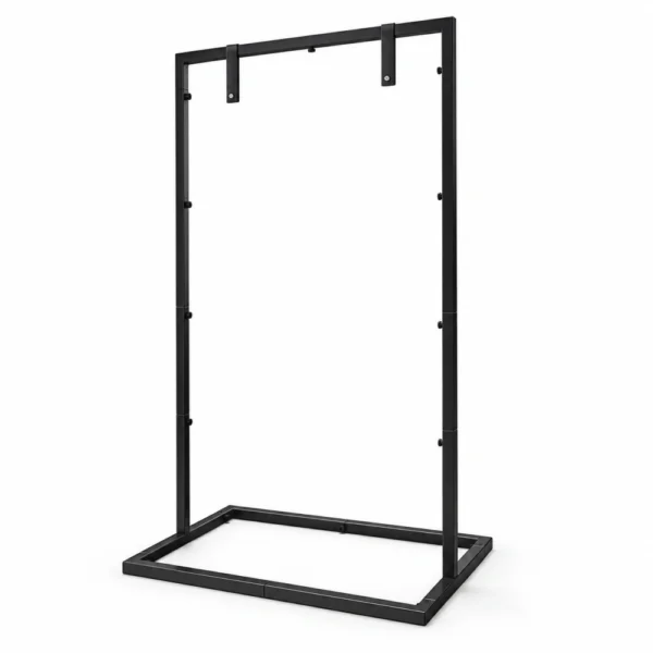 Black rectangular metal floor sign stand on a light background without a board or flowers