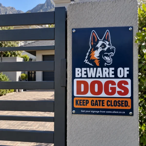 Chromadeck Beware of Dogs Sign installed in a realistic gates, fences and boundary walls setting