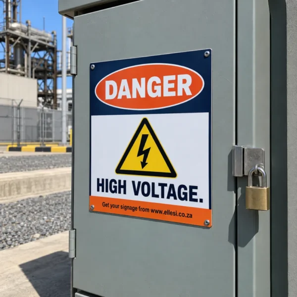 Chromadeck Danger High Voltage Sign installed in a realistic electrical panels, plant rooms, enclosures and fenced equipment setting