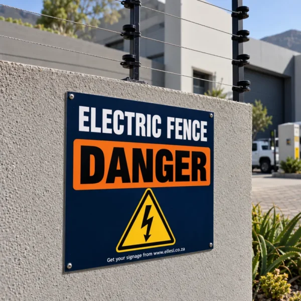 Chromadeck Electric Fence Sign installed in a realistic perimeter walls, fence lines and gated entrances setting