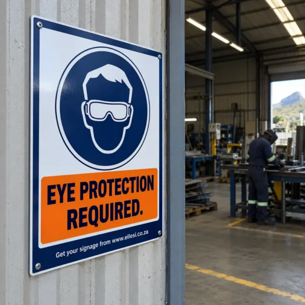 Chromadeck Eye Protection Required Sign installed in a realistic work cells, workshop doors and controlled hazard areas setting