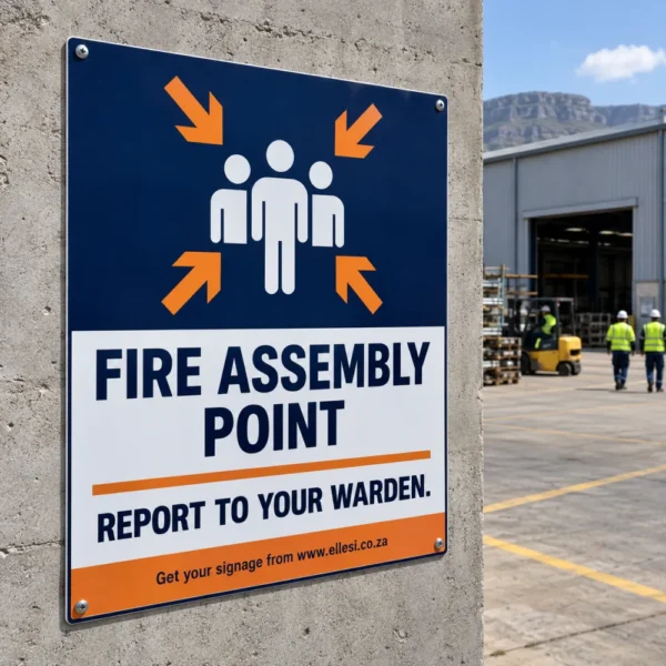 Chromadeck Fire Assembly Point Sign installed in a realistic open yards, car parks and designated emergency gathering areas setting