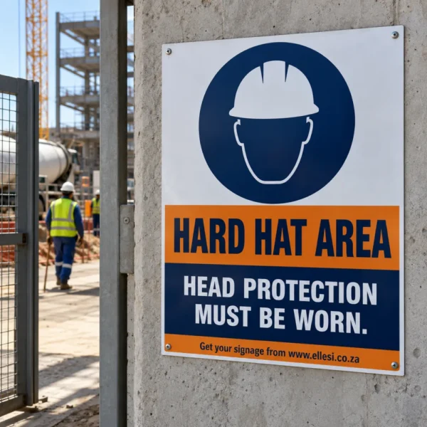 Chromadeck Hard Hat Area Sign installed in a realistic worksite gates, production entries and hazard zones setting