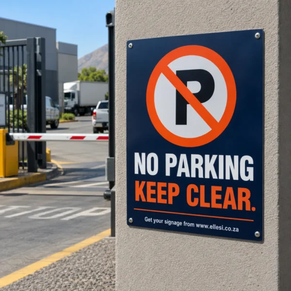 Chromadeck No Parking Sign installed in a realistic gates, driveways, loading approaches and boundary walls setting