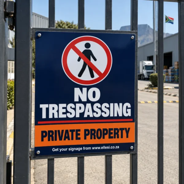 Chromadeck No Trespassing Sign installed in a realistic boundary fences, walls, gates and remote entrances setting