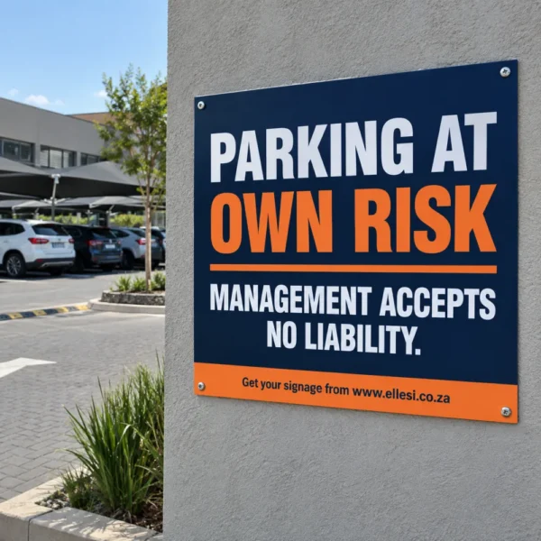 Chromadeck Parking at Own Risk Sign installed in a realistic parking entrances, payment areas and boundary walls setting