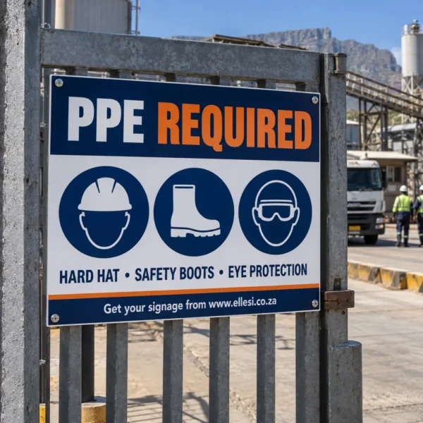 Chromadeck PPE Required Sign installed in a realistic site entrances, change areas and production access points setting