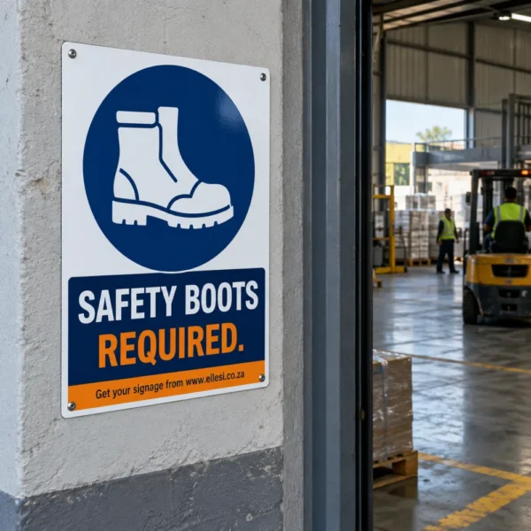Chromadeck Safety Boots Required Sign installed in a realistic site entrances, stores and production-floor access points setting