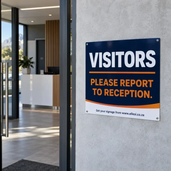 Chromadeck Visitors Report to Reception Sign installed in a realistic visitor entrances, lobbies and reception approach routes setting