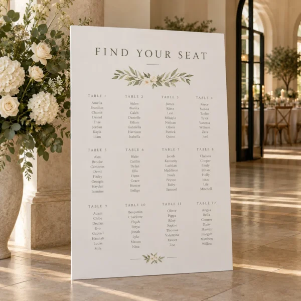 Large printed wedding seating chart board resting on the venue floor