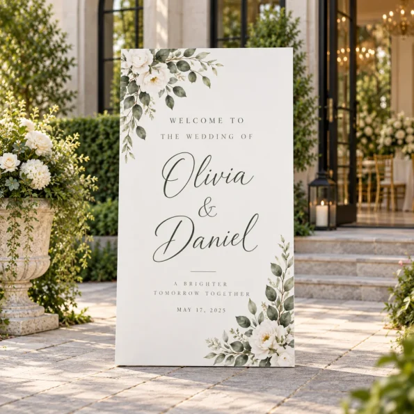 Personalised wedding welcome sign board at a venue entrance