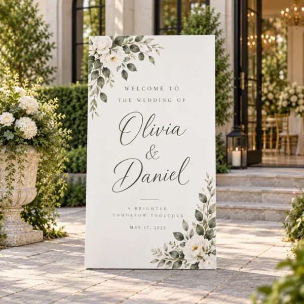 Ground-standing personalised wedding welcome sign board at a venue entrance