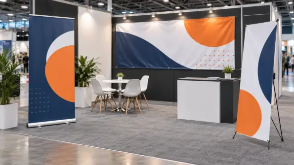 Modern exhibition booth with pull-up, X-frame and wide PVC banner displays