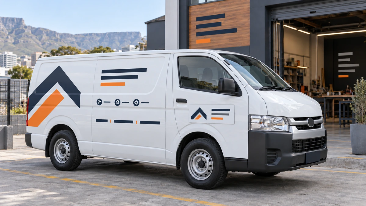 White commercial van with fictitious vinyl graphics and a magnetic door sign