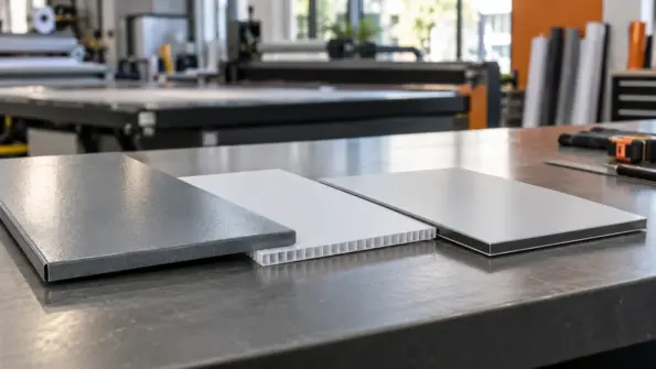 Chromadeck, fluted Correx and ACM sign material samples on a workshop bench