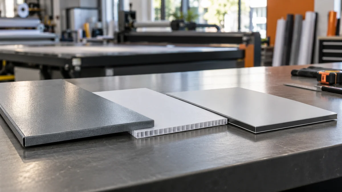 Chromadeck, fluted Correx and ACM sign material samples on a workshop bench