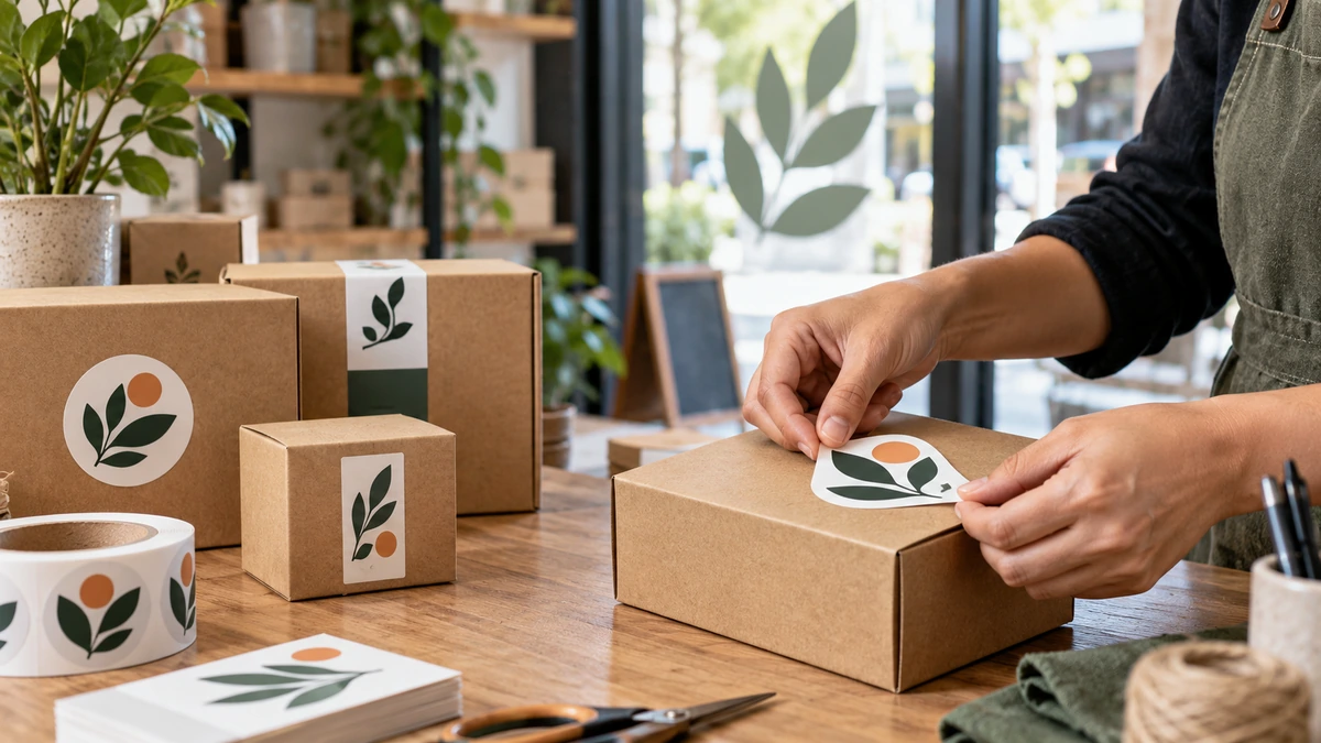 Small business owner applying a custom vinyl sticker to product packaging