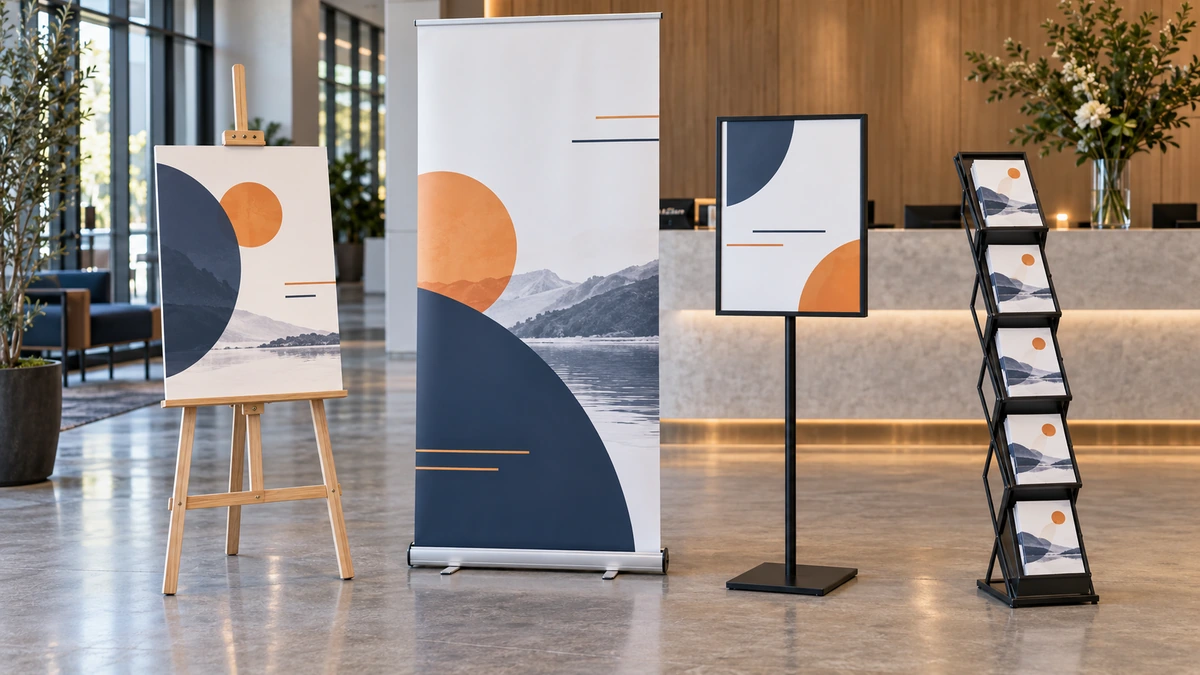 Wood easel, pull-up banner, metal sign stand and brochure stand in an event foyer