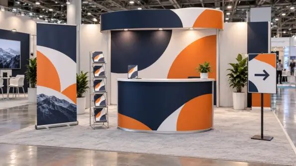 Coordinated exhibition booth with pull-up banner, promotional counter, brochure stand and directional sign