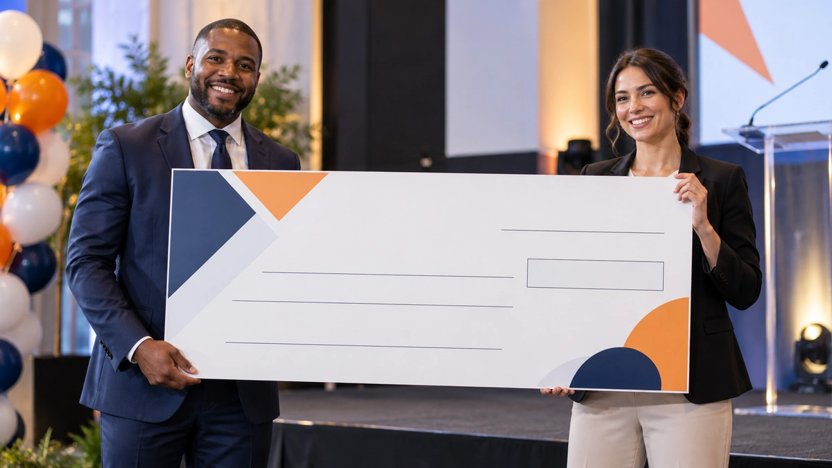 Two event presenters holding an oversized custom ceremonial cheque board
