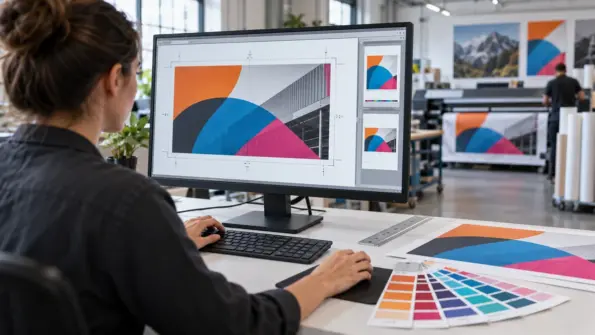 Designer checking crop marks and colour artwork for large-format printing
