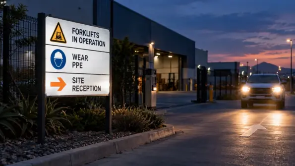 Reflective industrial safety sign illuminated by vehicle headlights at dusk