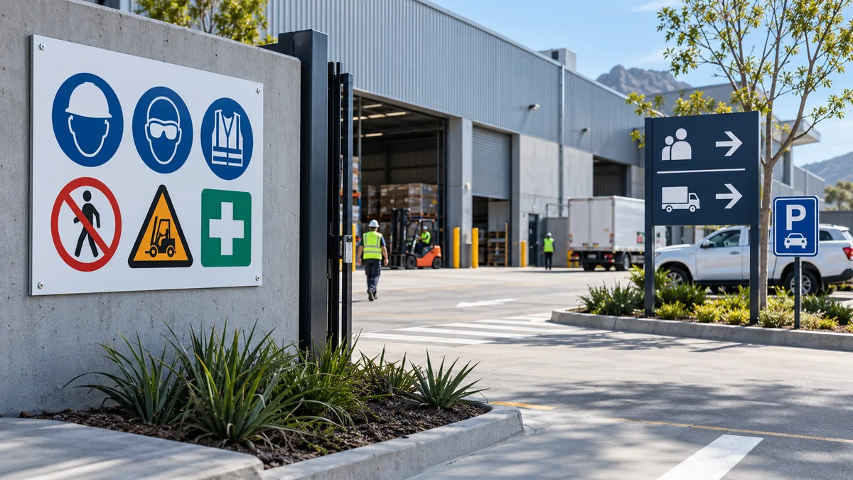 Safety, parking and directional signs at an organised industrial property