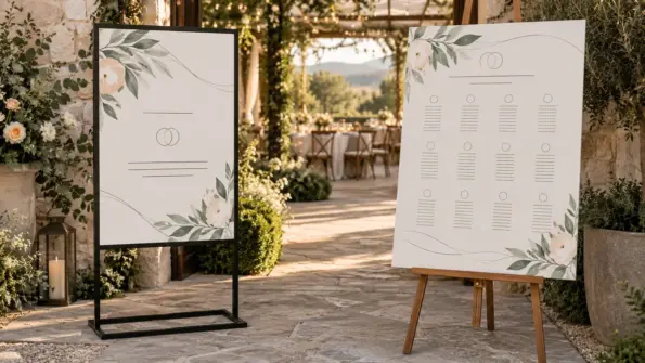 Wedding welcome board and seating chart displayed on separate event sign stands