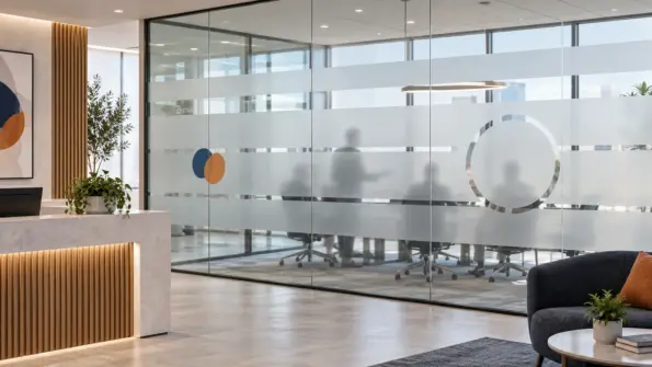 Modern office glass partition with frosted privacy bands and subtle decorative graphics