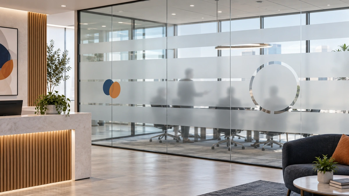 Modern office glass partition with frosted privacy bands and subtle decorative graphics